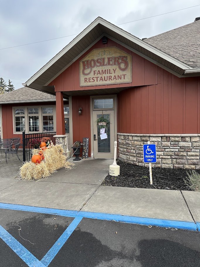 Front view of a casual American restaurant.