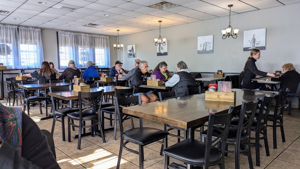 American restaurant interior with simple seating.